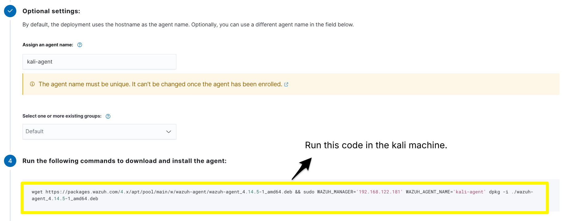 Generated Wazuh agent installation command for Linux endpoint