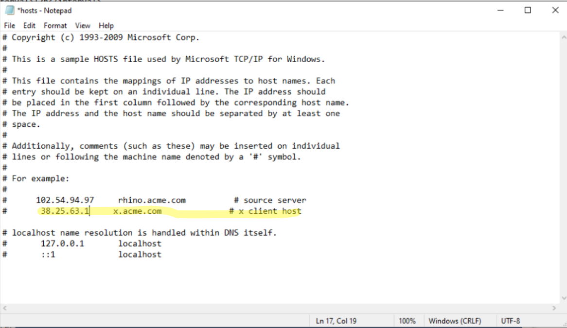 Modified Windows hosts file used to trigger a Wazuh File Integrity Monitoring alert