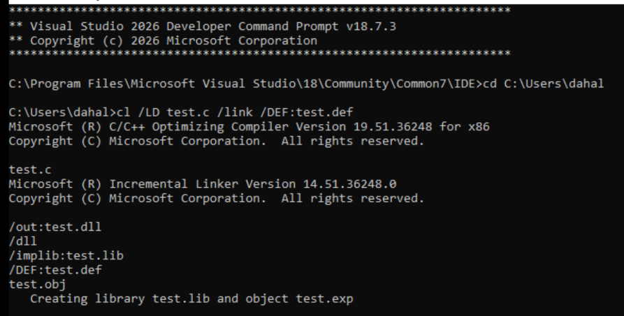 Navigating to C:\Users\dahal and compiling test.c