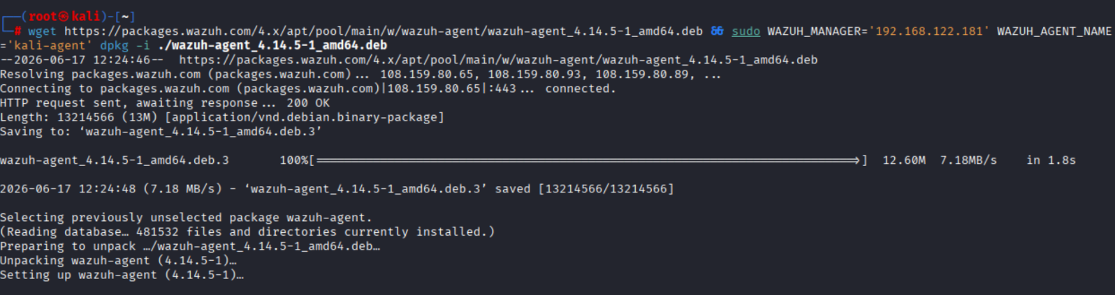 Installing Wazuh agent on Kali Linux using deployment command