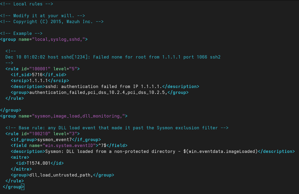 Screenshot of /var/ossec/etc/rules/local_rules.xml file.