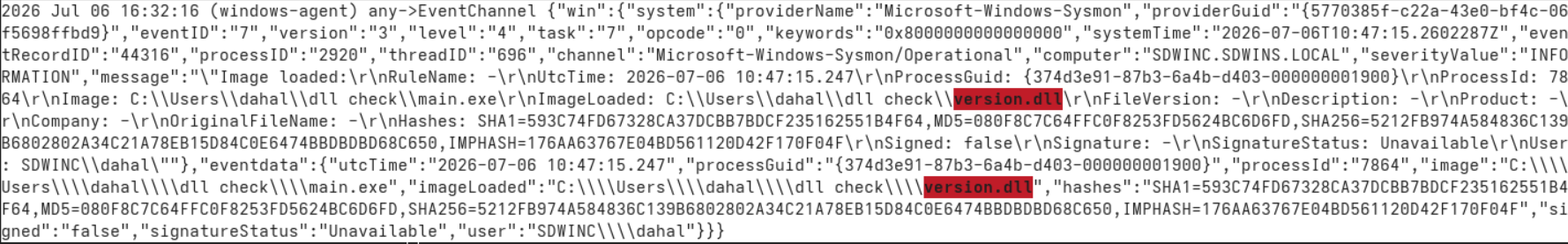 Log for the version.dll loading from unprotected location seen in alerts.log in Wazuh server