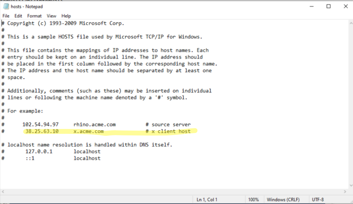 Original Windows hosts file before File Integrity Monitoring test