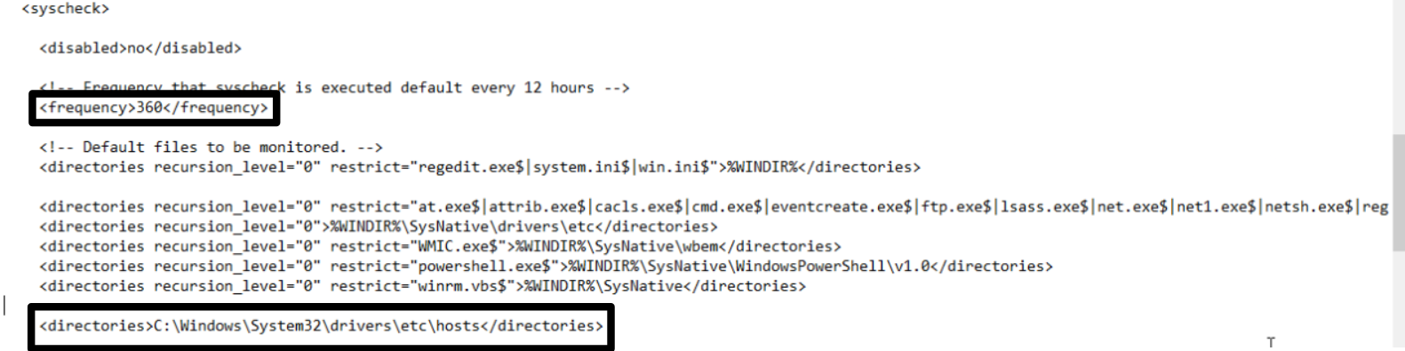 Windows Wazuh agent configuration enabling File Integrity Monitoring for hosts file