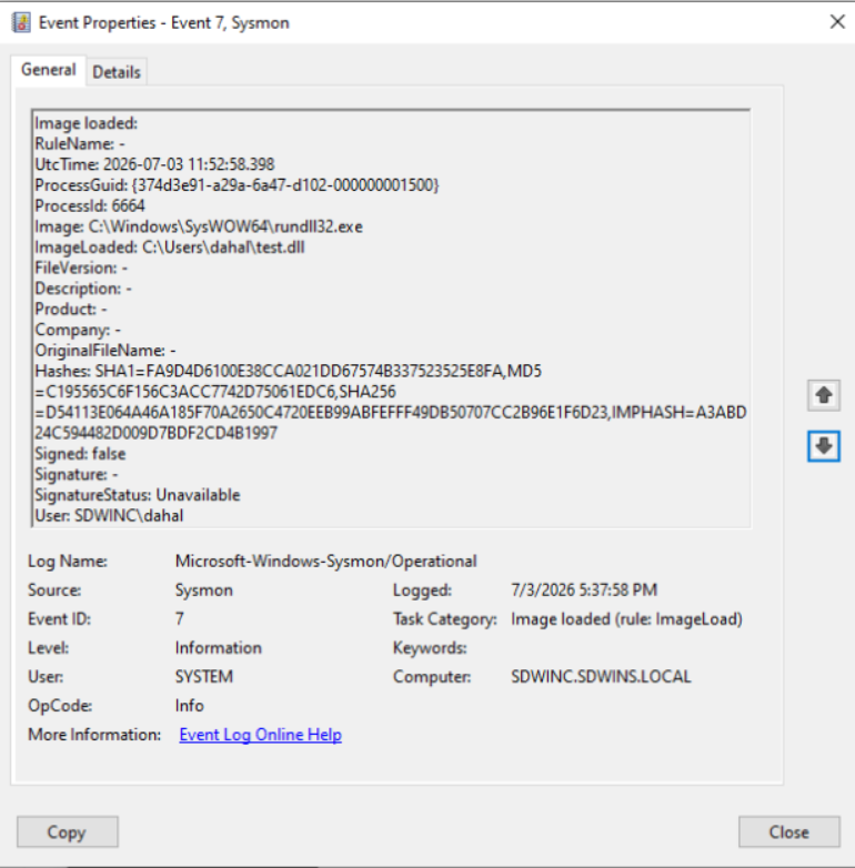 Sysmon log catching the dll load from unprotected location