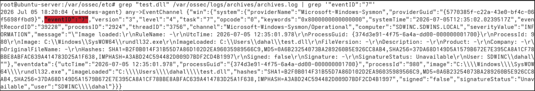 Result of the grep command showing agent sending logs to manager
