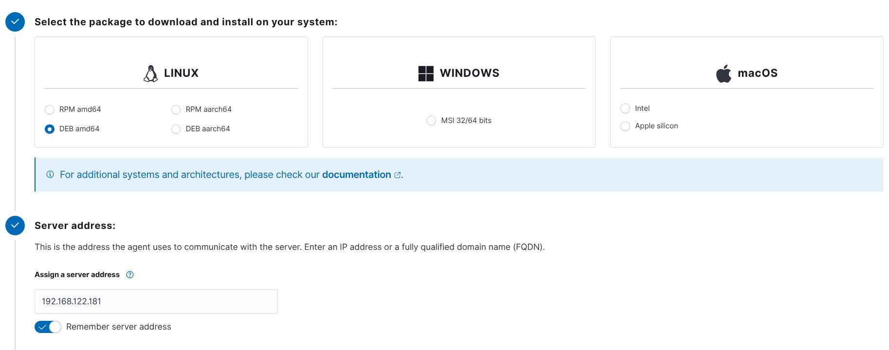 Agent deployment wizard showing operating system selection and manager IP configuration