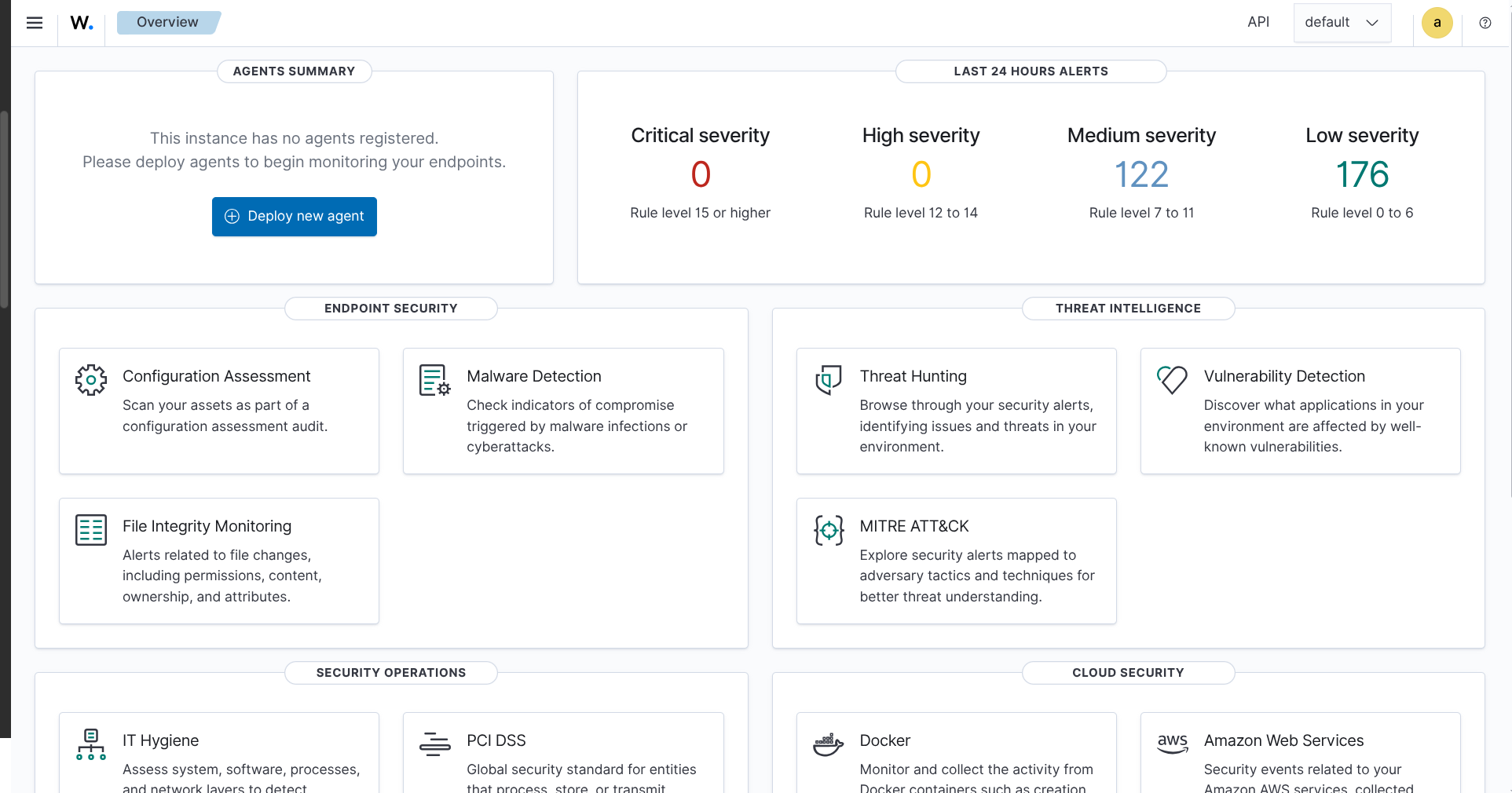 Wazuh dashboard overview displaying security monitoring and agent status