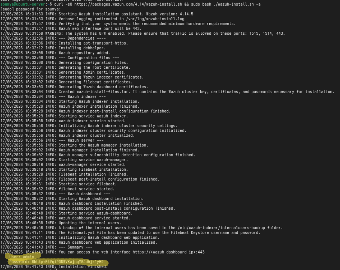 Successful Wazuh all in one installation displaying generated dashboard credentials